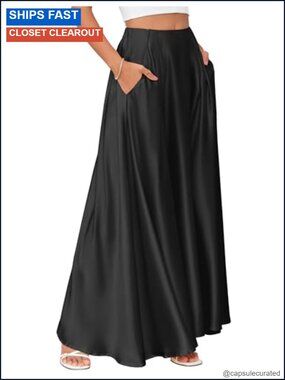Satin Maxi Skirt High Waisted A-Line Flowy Long Skirt with Pockets